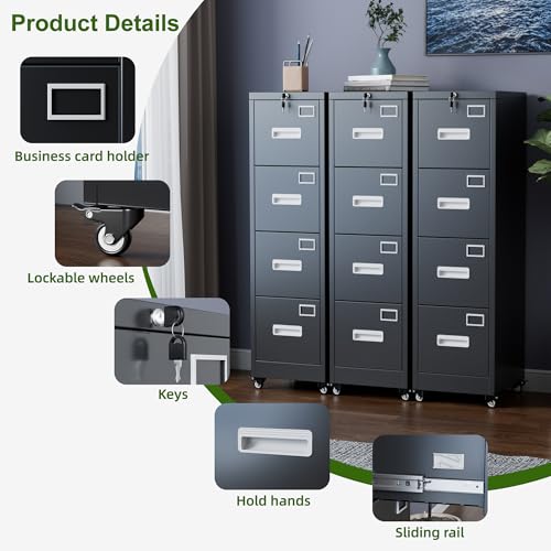 Aobabo Black 4-Drawer Metal File Cabinet with Lock & Wheels, Office Storage