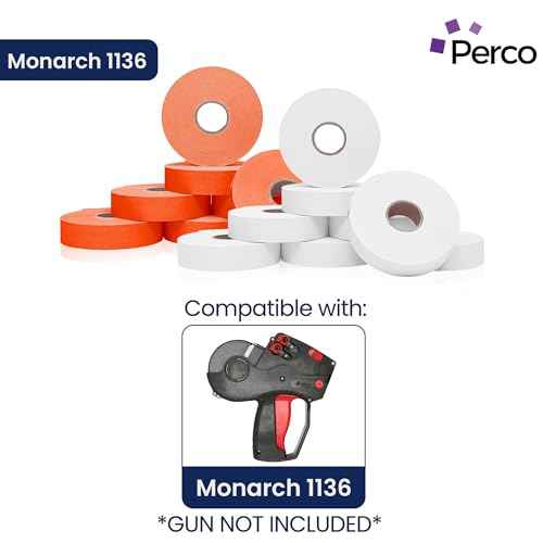Perco White & Red Pricing Labels for Monarch 1136 28,000 Labels, 2 Sleeves, 16 Rolls Combo Pack Includes Label Scraper & Ink Rolls