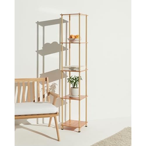 Brightech Aria Metal & Wooden Shelf Floor Lamp with Wireless Charging Station? Narrow Free Standing Nightstand LED Lamp ? Column Tower Stand Up Lighting for Living Rooms & Bedrooms ? Gold/Brass