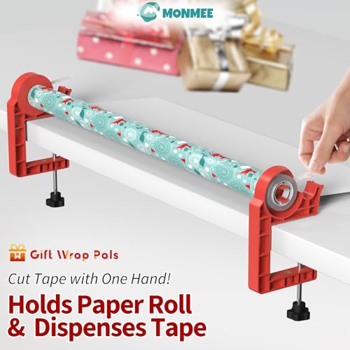 Monmee Christmas Red Tabletop Gift Wrapping Tool with Tape Dispenser 2-Pack – Adjustable Wrapping Paper Clamps