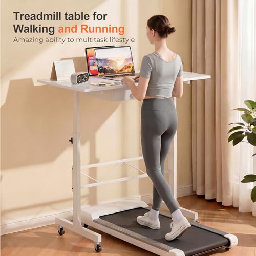 COMHOMA White Standing Desk with Storage Drawer - Height Adjustable Mobile Treadmill Workstation