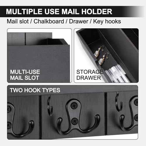 Mail and Key Holder Wall Mount with Storage Drawer ? Modern Wooden Mail Organizer for Wall Entryway, 7 Key Hooks & Chalkboard Panel ? Stylish Home Decor for Apartments, Living Room, Office