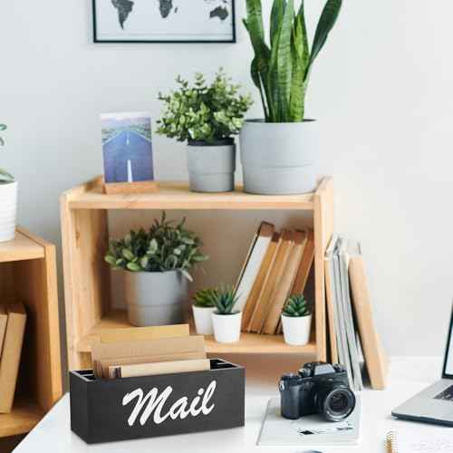 Magnetic Mail Organizer Farmhouse Rustic Mail Holder for Fridge Wood Paper Basket Letter Envelope File Storage Box with 2 Slot for Home Office Metal Cabinet Wall Desk Countertop(Black)
