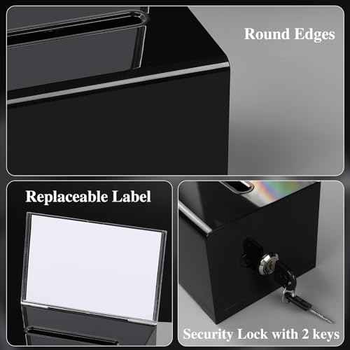 VOISEN Acrylic Donation Box with Lock, Black Tip Jar with Sign Holder, Suggestion Box for Fundraising, Donation, Bar, School Voting, 6.2x4.6x3.9 Inch