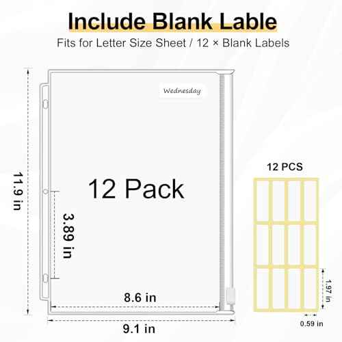 KTRIO Letter Size Binder Pockets 3 Ring Binder Zipper Pouch 12 Pack, 3 Holes Clear PVC Loose Leaf Bags 8.5"¡¿11" Document Folders for Business Office School Supplies