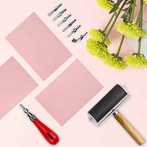 4 Pack Rubber Block Stamp Carving Blocks with Cutter Tools and Rubber Brayer Roller for Printmaking and More Crafts