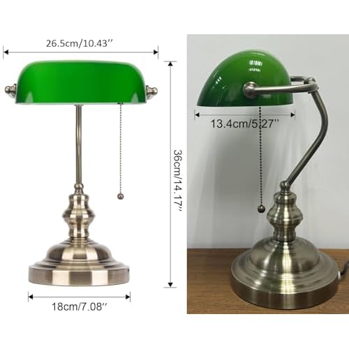 Bankers Lamp Green, Vintage Library Lamp with Pull Chain, Traditional Green Glass Desk Lamp for Home Office, Study Room, Library, LED Bulb Included