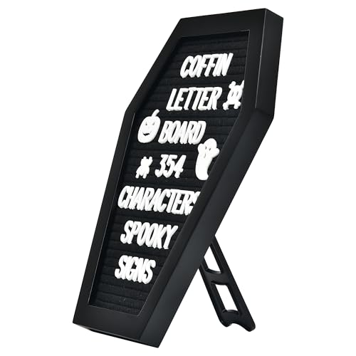 Coffin Letter Board - 354 Characters Spooky Halloween Characters with Wooden Stand and Canvas Bag - 10x7 Inches Small Size - Felt Message Board for Home Office Halloween Supplies & Decor (Black)