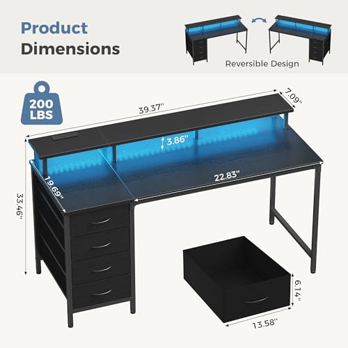 DUMOS 40-Inch Black Gaming Computer Desk with Reversible Drawers & RGB LED, Home Office