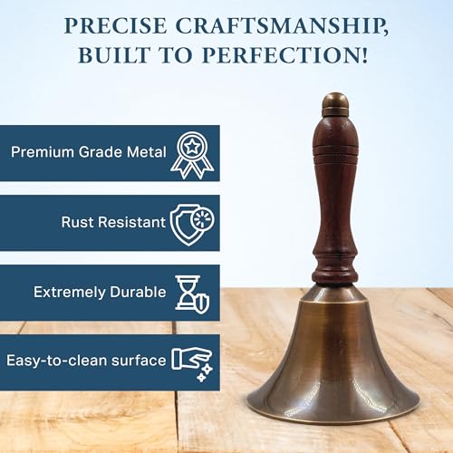 Antique Brass Hand Call Bell - 3-inch Wedding & Holiday Bell with Wooden Handle, Pack of 1