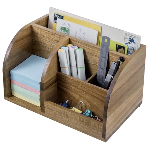 MyGift Premium Acacia Solid Wood Desk Organizer, Rustic Wooden Office Supplies Table Caddy with Mail Sorter, Sticky Note Holder, 2 Slot Pen Storage, and Accessories Tray