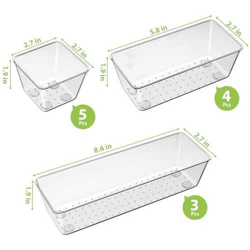 12 Piece Clear Drawer Organizer Set, 3 Sizes Bathroom Vanity Organizer Trays and Storage Bins for Makeup, Cosmetics, Jewelry, and Gadgets. Perfect for Office, Kitchen, Bedroom, Bathroom Use.