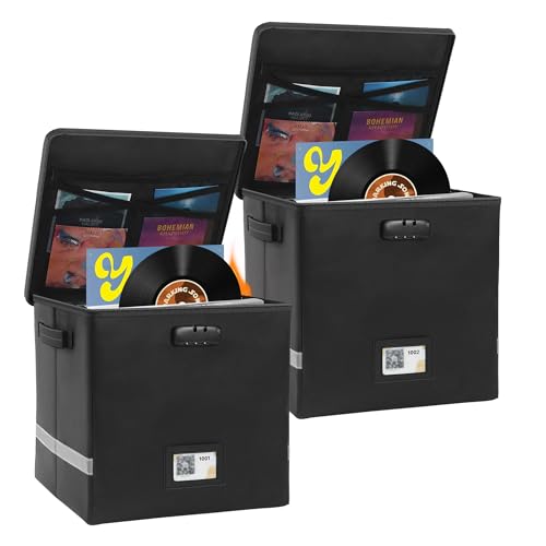 2 Packs Vinyl Record Storage Box with Smart Labels,Fireproof Record Crate Collapsible Waterproof Album Storage with Lid for LP Album Collection,100+ Single Records,Combination Lock Black