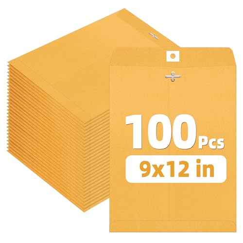 SUNEE Envelops, 9"x12" Brown Kraft Envelopes with Clasp Closure, 28-lb Paper Mailing Envelopes, 100 Count, Great for Filing, Storing or Mailing Documents