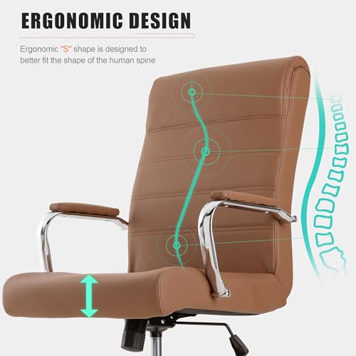 Bowthy Brown Leather Office Desk Chair - High Back Swivel Executive Chair with Adjustable Height & Armrests