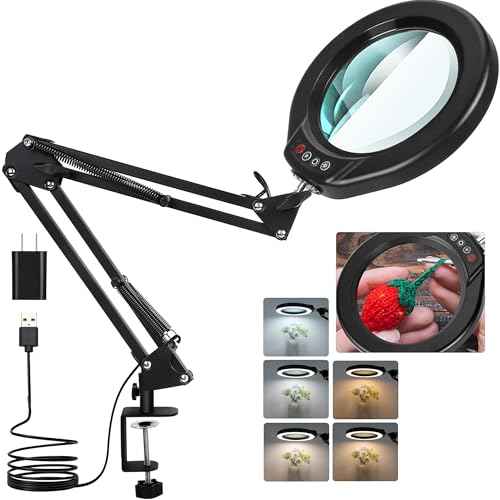 Veemagni 10X Large Magnifying Glass with Light and Clamp, 5 Inch Real Glass Stand Magnifying Desk Lamp, 5 Color Modes Stepless Dimmable, Hands Free LED Lighted Magnifier for Crafts Reading Close Work