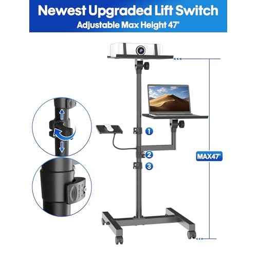 Projector and Laptop Stand Tripod, 2 Shelves Mobile Laptop Tripod Stand, Max 47" Height Adjustable Laptop Cart on Wheels, Projector Floor Stand with Ventilated Tray for Podium, Meeting, Couch