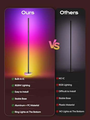 Black Smart RGBICW Floor Lamp with App Control, 16M Colors, Music Sync, Dimmable Ambient Light