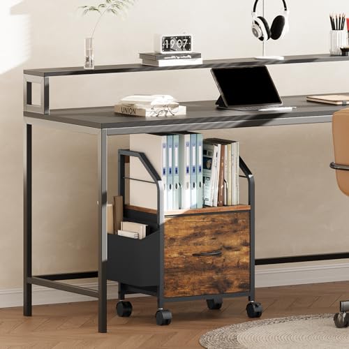 MAHANCRIS Rustic Brown Small Rolling File Cabinet with 3 Dividers, Under-Desk Organizer