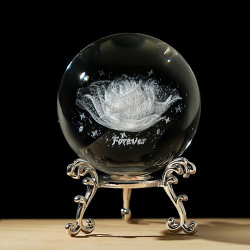 HDCRYSTALGIFTS 60mm Rose 3D Inner Engraved Crystal Ball Paperweight Gift for Women
