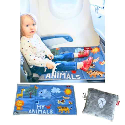 Airplane Seat Extender for Kids ANM: Enhance Your Child's in-Flight Comfort. Travel Toddler Bed, Leg Rest, Foot Hammock, All in One (My Animals - Cool Grey)