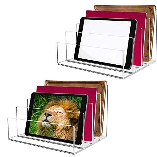 Acrylic Desk File Organizer 2 Pack, 4 Section Letter Organizer, Clear Folder Holder, Desktop File Holder for Document, Notebook and Newspaper, Clear Desk Storage Rack for Home and Office Use