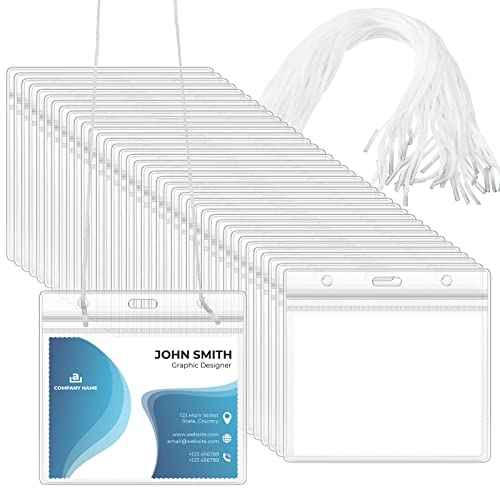 Eaasty 200 Pack Neck Hang Badge Holder with Labels, Clear Hanging Lanyard Style Name Badges Waterproof Name Tag Holders with Lanyard for Meeting Seminar Show Event and Conference