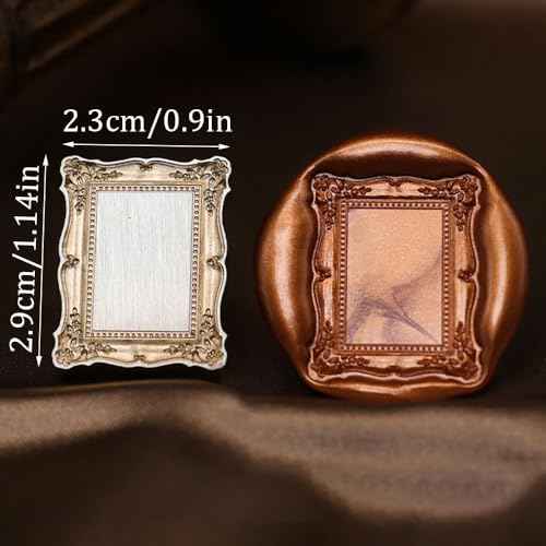 1PCS Wax Seal Stamp Head 1PCS Removable Wooden Handle,3D Embossed Rectangle Vintage Texture Brass Head Wax Stamp Retro Photo Frame Wax Seal Stamp Kit For Card Envelope Wedding Invitations Scrapbooking