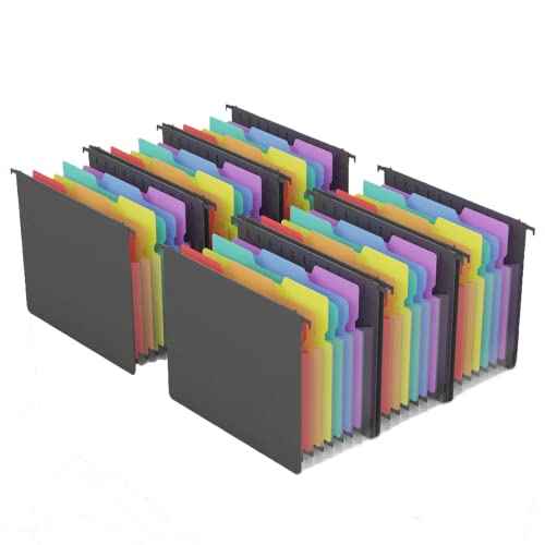 Plastic Expanding Hanging File Folders, 7 Pocket Extra Capacity Accordion Hang Folder, 1/5 Cut Adjustable Tabs, Multi-Color Lables, Letter Size for Filing Cabinet - 6 Pack