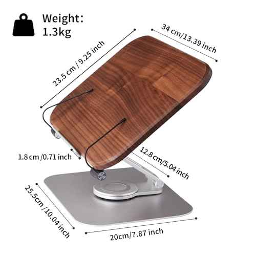 Book Stand for Reading, Mayhas Adjustable Book Holder with 360¡Æ Swivel Base&Page Clips, Foldable Desktop Stand for Cookbook, Fits All Books (Walnut, Aluminum Base)