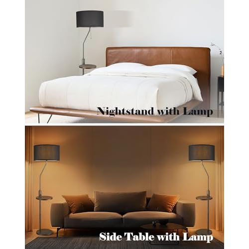 ELYONA C Shaped End Table Floor Lamp with USB A+C Charging Ports Wood Side Table Modern Reading Light Black Linen Shade Farmhouse Tall Standing Lamp for Living Room Bedroom Office LED Bulb Included