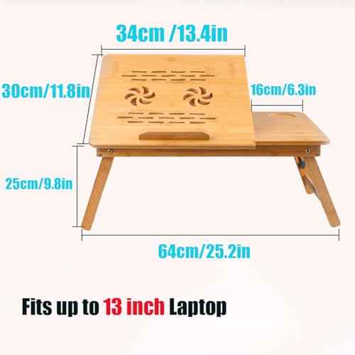 Laptop Desk Adjustable Bamboo Laptop Table with Fan Drawer Foldable Bed Tray Breakfast Tray Padded Lap Work Tray,for Working Writing Drawing