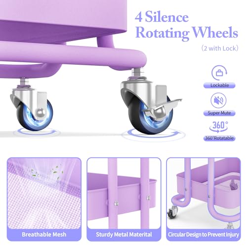 KINGRACK 3 Tier Rolling Cart, Metal Mobile Storage Shelf with Lockable Wheels, Prevent Falling Utility Trolley Cart, Storage Organizer for Kitchen, Office, Bathroom, Dorm, Purple