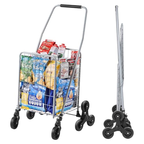 VEVOR Grocery Shopping Cart, 45L Stair Climbing Shopping Cart with 360¡Æ Rolling Swivel Wheels, Stair Climber Utility Cart with Tri-Wheels, Foldable Collapsible & Lightweight for Laundry Travel, Silver
