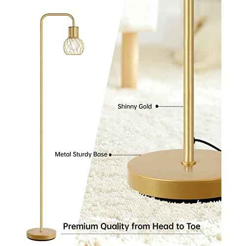 Brass Gold Standing Floor Lamp for Living Room - Modern Industrial Design with 6W LED Bulb, Foot Switch, Metal Tall Stand, Minimalist Farmhouse Boho Style for Bedroom & Office