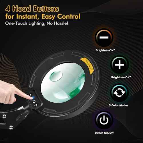 Magnifying Glass with Light and Stand 12X 20X Desktop Magnifier Desk Lamp Close Work Up for Table Crafting, Reading, Sewing, Soldering, Easy Use 5 Color Modes Head Controller, 2 in 1 Stable Base Clamp