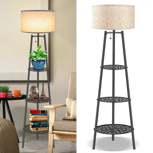 Floor Lamp with Shelves for Living Room£¬ Standing Lamp£¬Tall Lamp£¬ Amparas Elegantes para Sala with Linen Shade£¬Modern Floor Lamp for Living Room£¬Bedroom or Office£¨Black £©