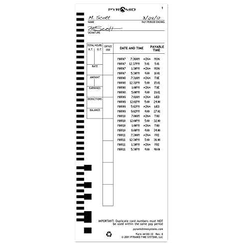Pyramid Time Systems, 44100-10PK5, 500 Count Genuine and Authentic Time Cards for 4000, 4000Pro, 4000ProK and 5000 Series Time Clocks from Pyramid, Time Cards, White, 3.5 by 9 inches