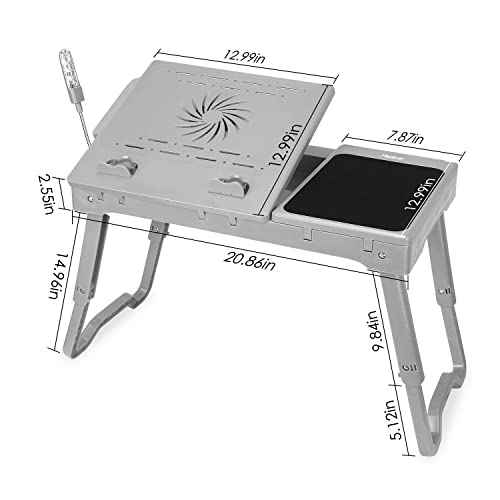 Grey Foldable Laptop Table with Cooling Fan, Adjustable Lap Desk and Mouse Pad, 4 USB Ports for Bed, Couch, Sofa, Floor