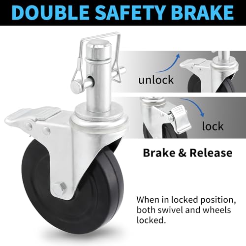 5INCH Scaffolding Wheels, Caster Set of 4 With Dual Locking Brake, 1-Inch Round Tubing Style, Heavy Duty 1410LBS Per Rubber Wheel, Swivel Replacement for Scaffolding