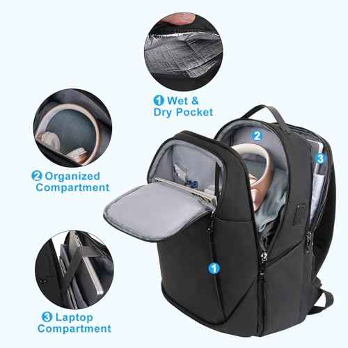 MOSISO 15.6-16 inch Waterproof Laptop Backpack with USB Charging Port & Front Wet & Dry Pocket, Business Commute Backpack, 16 inch Laptop Bag Casual Daypack for College Work Business, Black