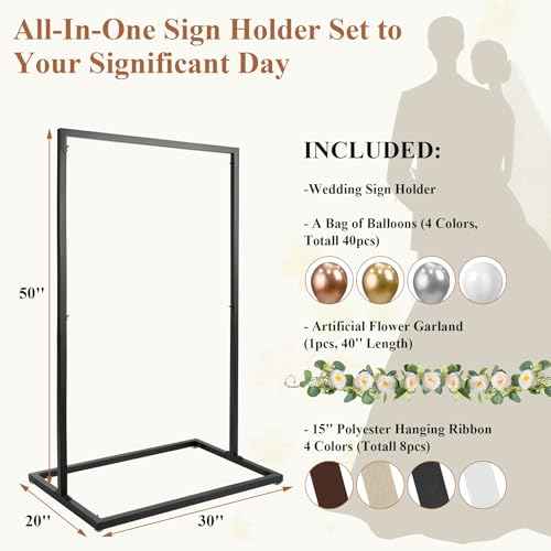 Wedding Welcome Sign Holder, Detachable Welcome To Our Wedding Sign Stand with Balloons, Sign Hanging Straps, Eucalyptus Rose Vines, Easel Stand for Sign, Wedding Seating Chart Stand, Poster(Black)