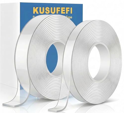 KUSUFEFI Heavy Duty Double Sided Adhesive Tape • 2 Rolls, 20 ft, Clear mounting tape
