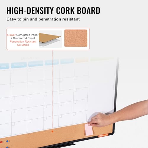 VEVOR 36"x 24" Monthly Calendar Whiteboard & Cork Board Combo with Aluminum Frame ? 2-in-1 Magnetic Dry Erase Bulletin Board for Wall Mount ? Ideal for School, Home, Office