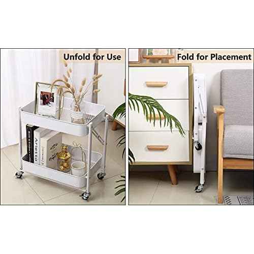 Melody House 2-Tier Metal Folding Rolling Cart, Mobile Utility Cart Trolley Storage Organizer for Office Home Kitchen Organization, Sofa Side End Table with Wheels, White