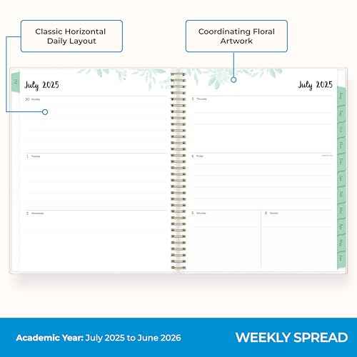 Blue Sky 2025-2026 Weekly and Monthly Academic Year Planner Calendar, July 2025 - June 2026, 8.5" x 11", Flexible Cover, Wirebound, Laminated Tabs, Storage Pocket, Laurel