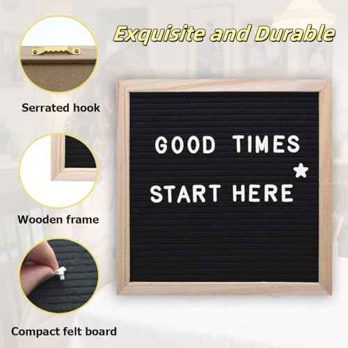 Felt Letter Board with 294 Letters Numbers & Symbols, First Day of School Board, 10x10 Inches, Changeable Message Board with Wooden Frame Wall Mount Hook (Black)