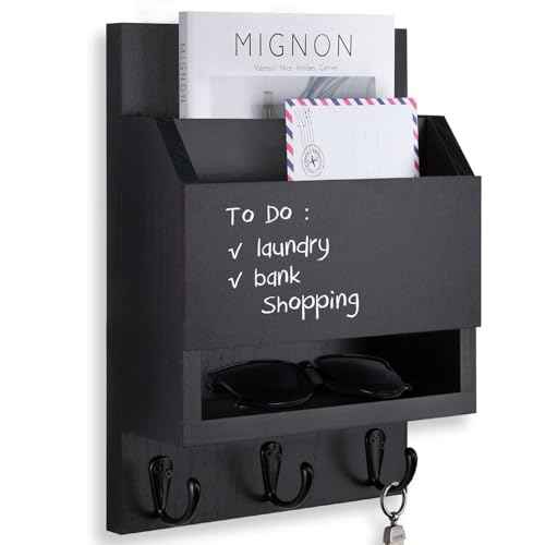 Key and Mail Holder for Wall, Key Holder with Chalkboard and Long Storage Box, Key Hanger with 3 Sturdy Hooks for Coat, Dog Leash, Entryway Mail Organizer (Black)