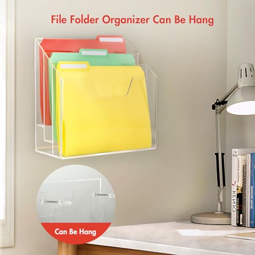 BEYGORM Acrylic File Folder Holder, 3 Tiers Clear Wall Hanging Magazine Rack, Desktop Large Vertical Tiered File Holder for Office and Home, Upright File Storage for Desk