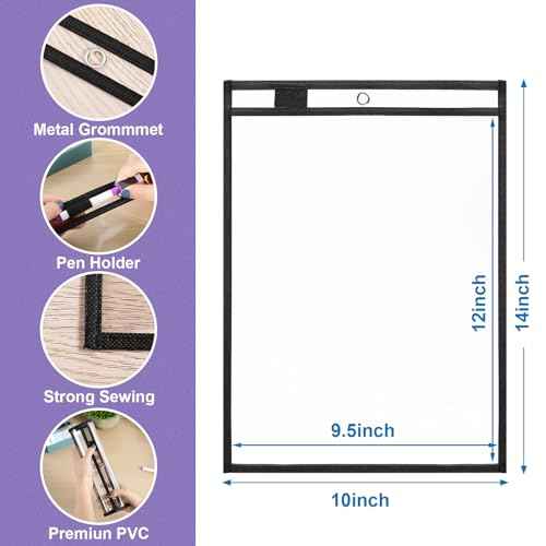 Nezyo Dry Erase Pockets Plastic Job Ticket Holders Shop Holder Order Pockets Clear Sleeves Tickets Folders Plastic Sleeves Paper Teacher Supplies for Classroom (14 x 10 in,Black,50 Pcs)
